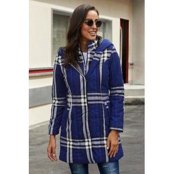 Gray Vintage Plaid Cotton Quilted Trench Coat Brown Blue